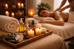 Relaxing massage spa in Kissimmee Orlando with candles, oils and professional massage therapy